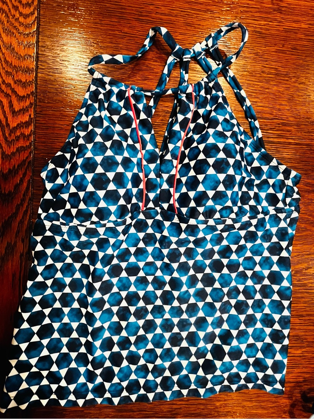 Blue Geometric Tankini, Acrive Wear Top with built in bra M/L